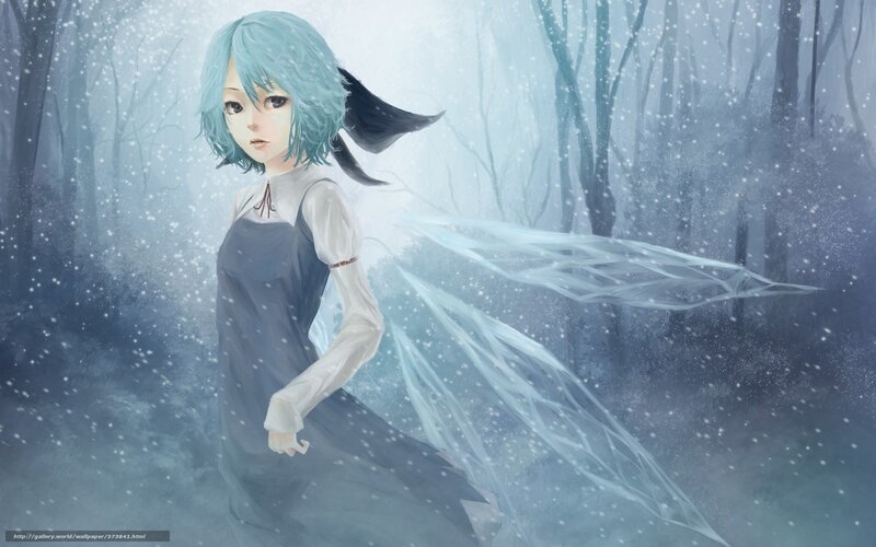 blue-haired girl in snowy forest