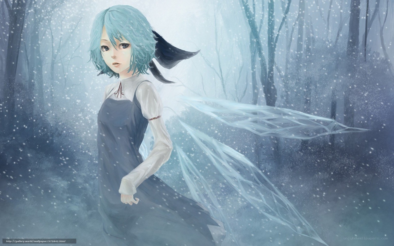blue-haired girl in snowy forest