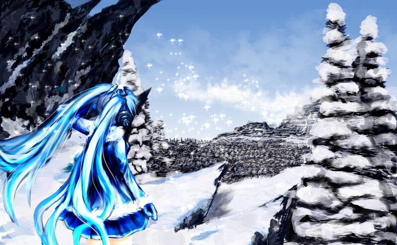 blue-haired girl in snowy landscape