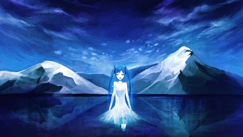 blue-haired girl in snowy landscape