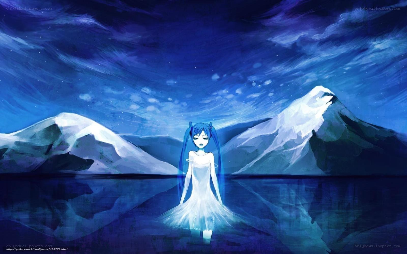 blue-haired girl in snowy landscape