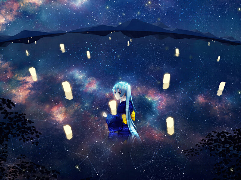 Blue-haired Girl in Space — Blue, Serene, Night, Digital Art