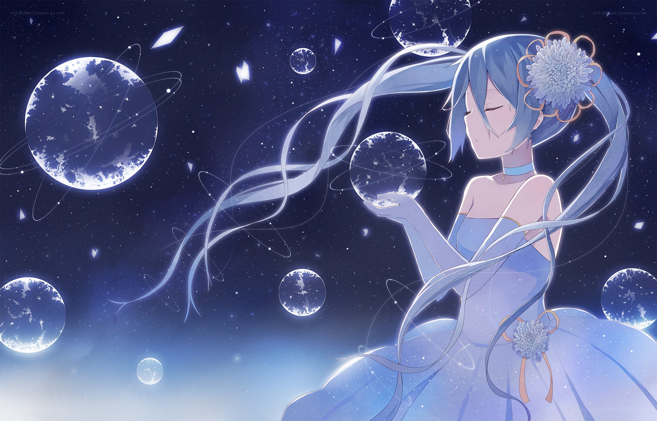 blue-haired girl in space