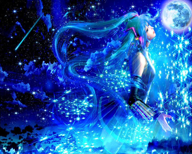 blue-haired girl in starry night