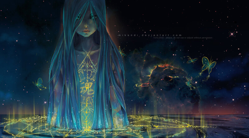 blue-haired girl in starry night