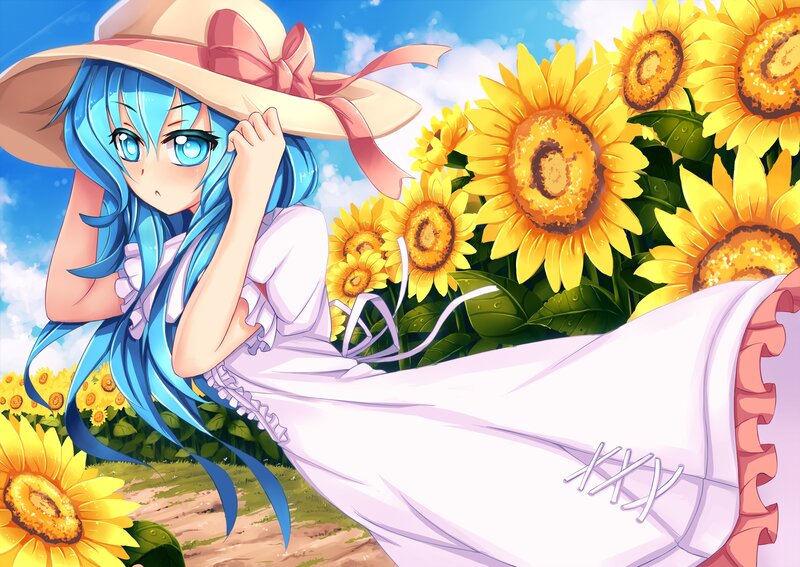 Blue-haired Girl in Sunflowers