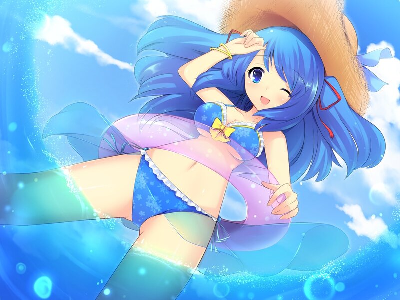 Blue-haired girl in swimsuit