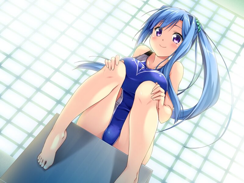 blue-haired girl in swimsuit