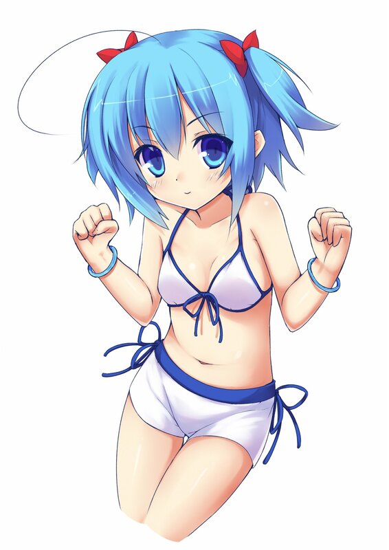 blue-haired girl in swimsuit