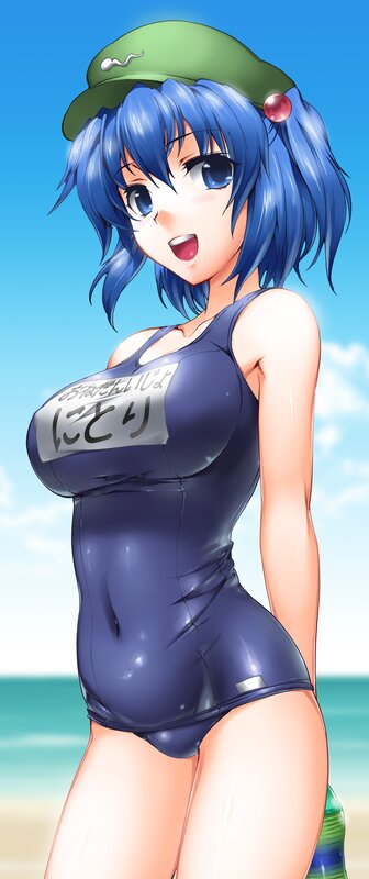 blue-haired girl in swimsuit