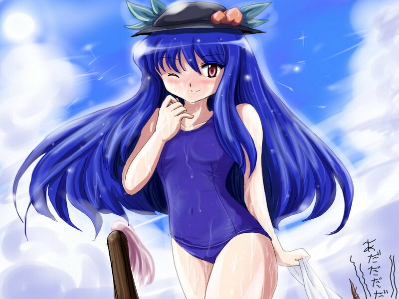 blue-haired girl in swimsuit