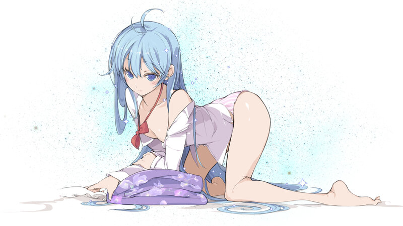 blue-haired girl in swimsuit