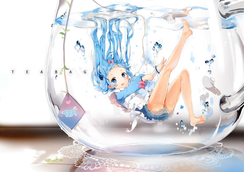 Blue-haired Girl in Teapot — Blue, Whimsical, Anime, Teabag