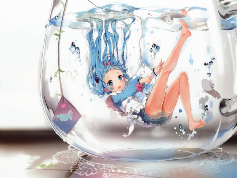 Blue-haired Girl in Teapot — Blue, Whimsical