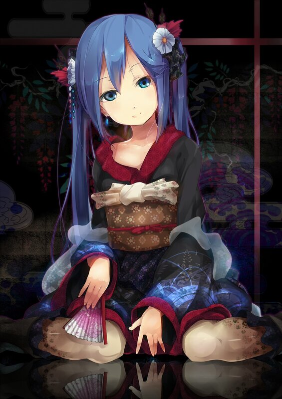 blue-haired girl in traditional attire
