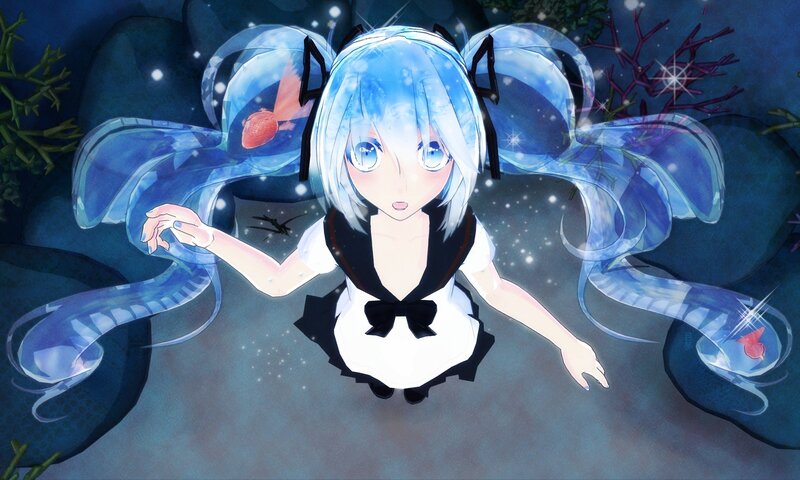 blue-haired girl in underwater scene