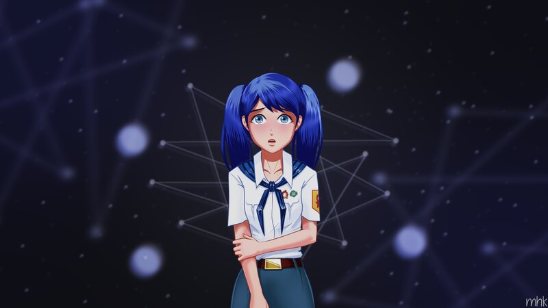 Blue-haired Girl in Uniform — Blue, Dramatic, Night