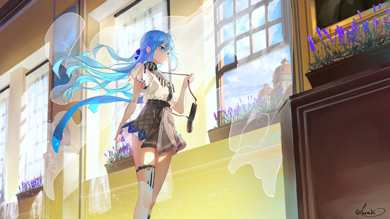 Blue-haired Girl in Uniform — Blue, Serene, Afternoon, Digital Art