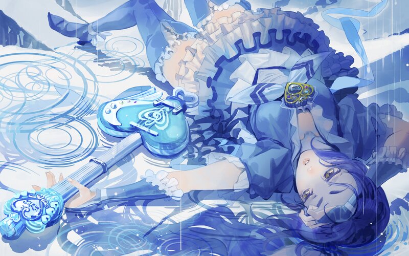 blue-haired girl in water