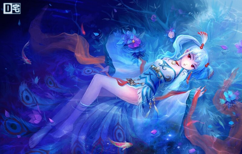 blue-haired girl in water