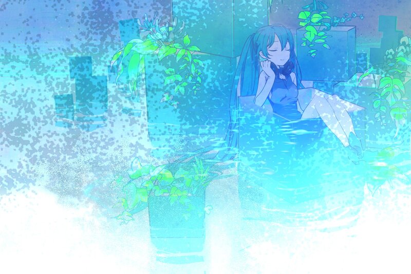 blue-haired girl in water