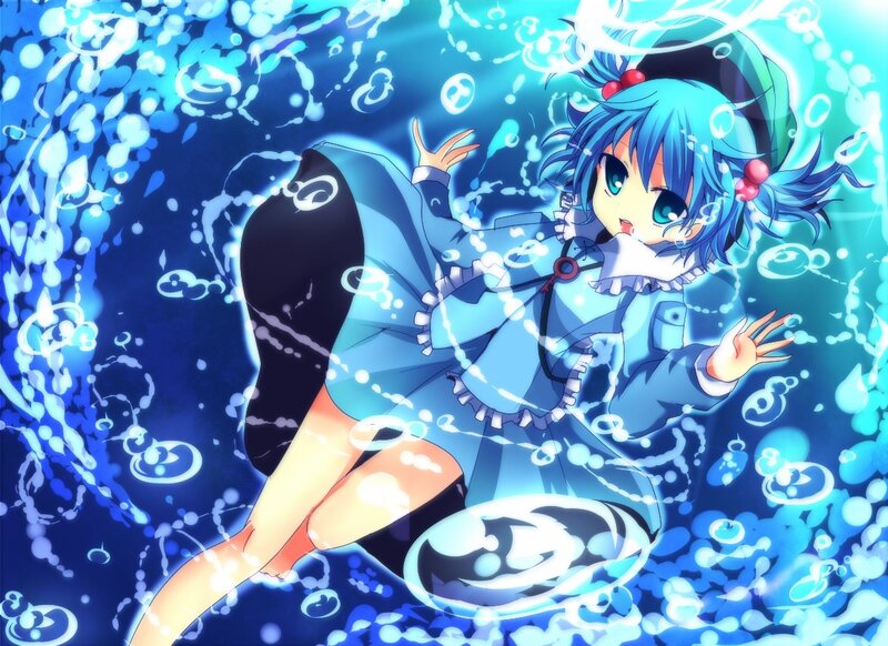 blue-haired girl in water