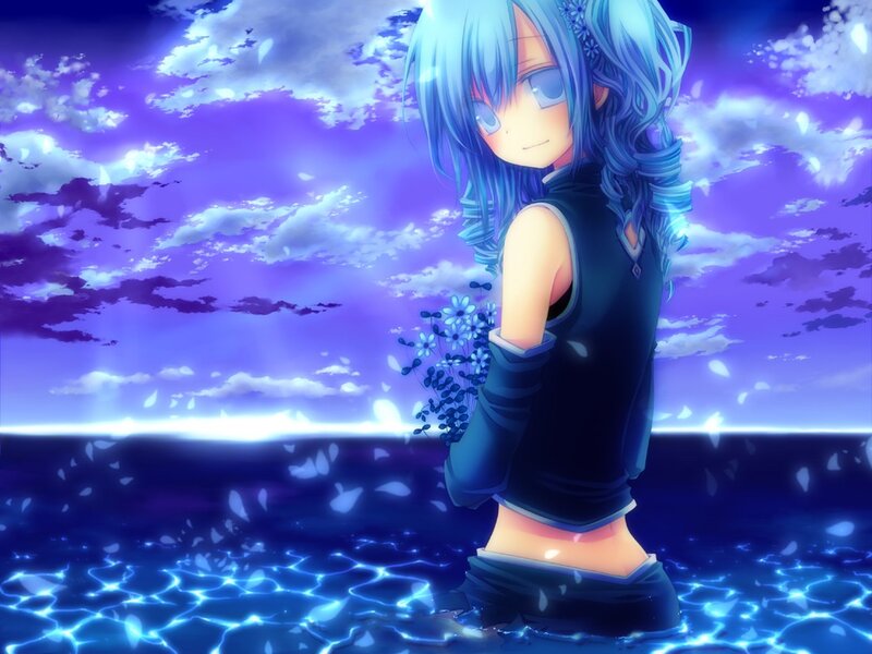 blue-haired girl in water