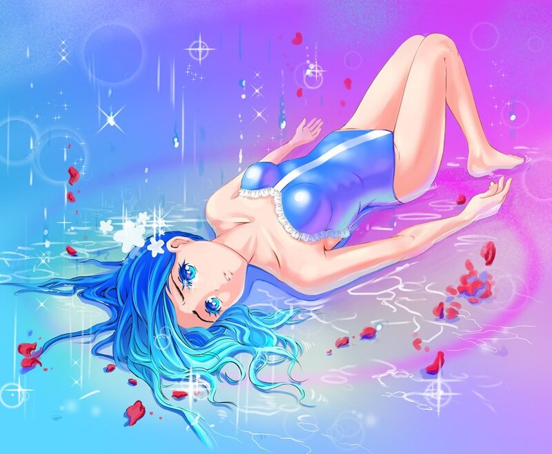 blue-haired girl in water