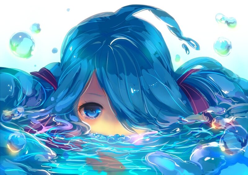 Blue-haired girl in water