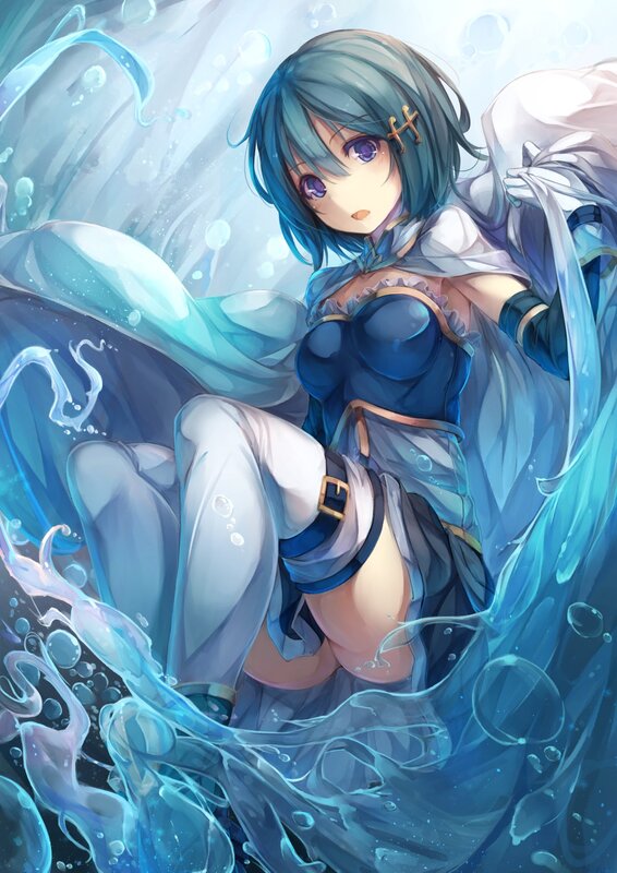 blue-haired girl in water