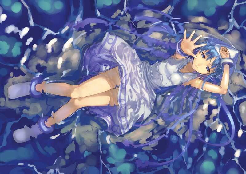 blue-haired girl in water