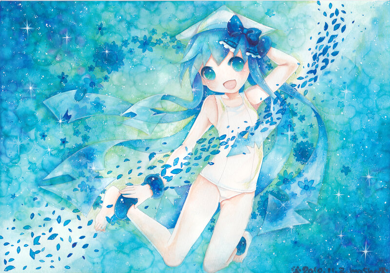 blue-haired girl in water