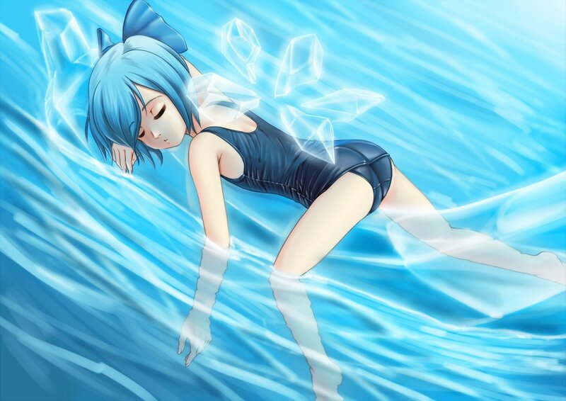 blue-haired girl in water