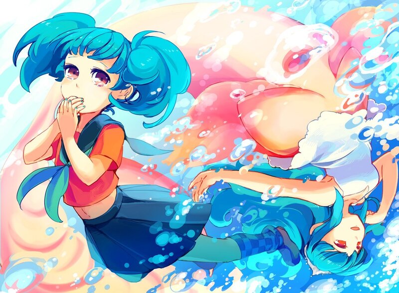 Blue-haired girl in water
