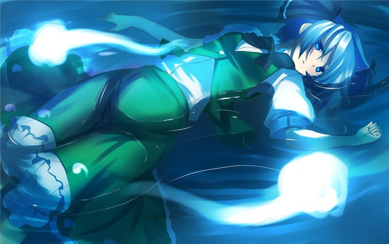 blue-haired girl in water