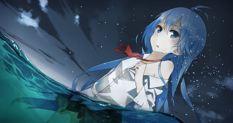 blue-haired girl in water