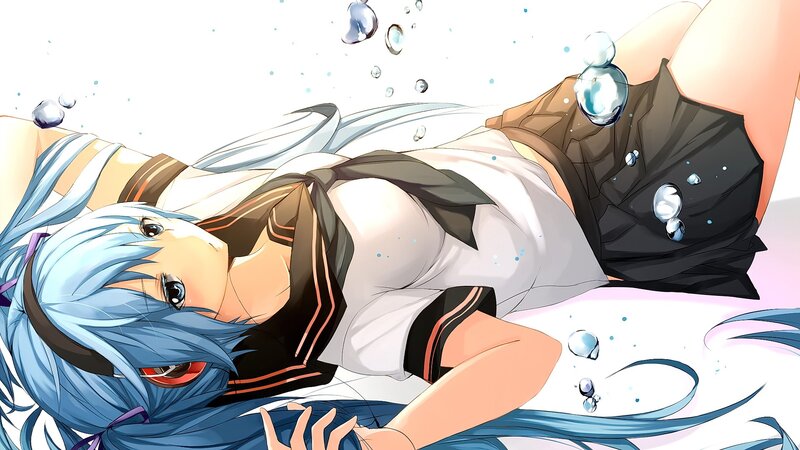 Blue-haired Girl in Water — Blue, Calm, Anime, Bubbles, School Uniform