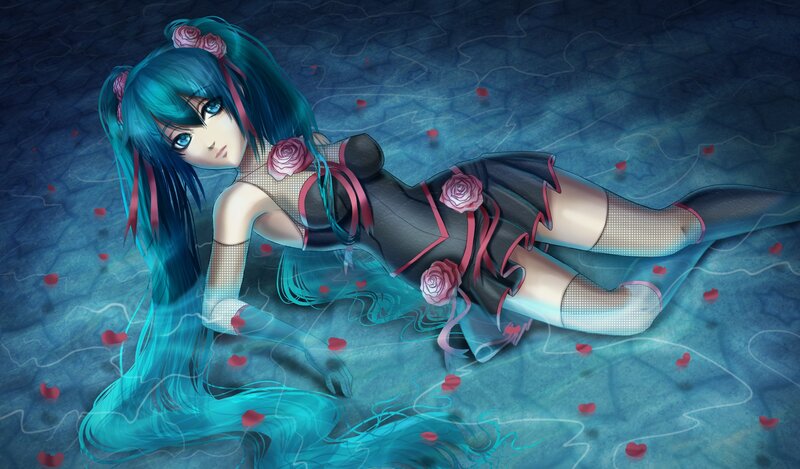 Blue-haired Girl in Water — Blue, Dramatic, Digital Art, Roses