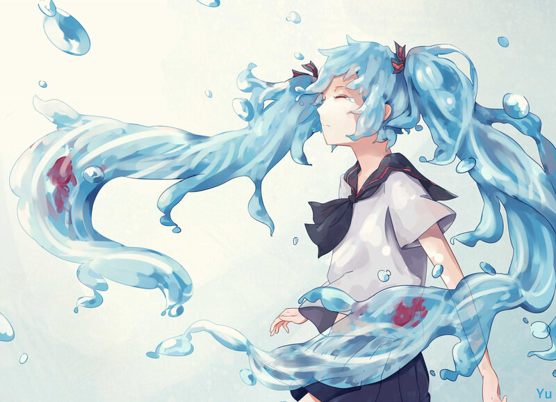Blue-haired Girl in Water — Blue, Dramatic, Digital Art