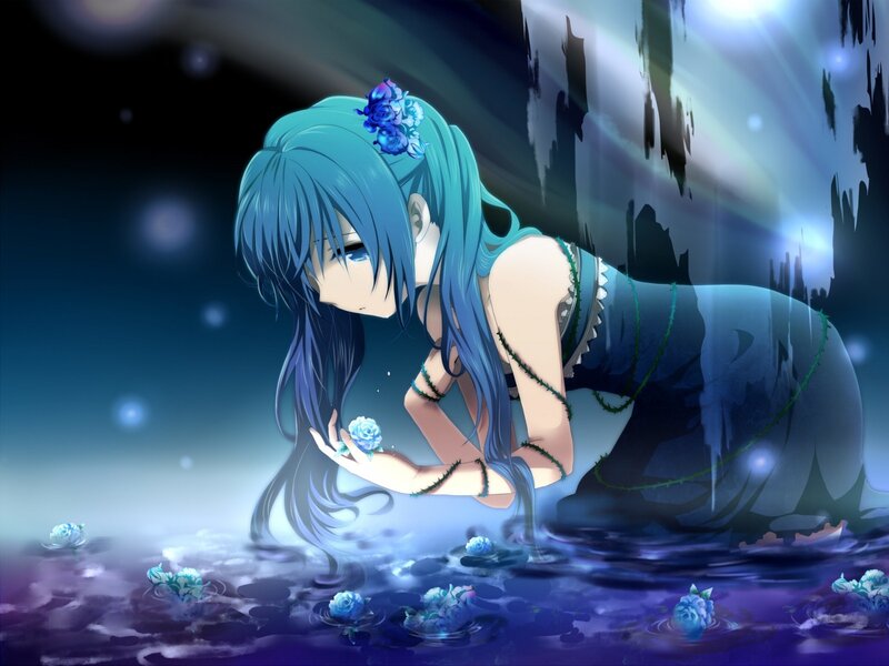 Blue-haired Girl in Water — Blue, Dramatic, Night, Anime