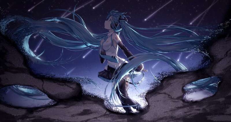 Blue-haired Girl in Water — Blue, Dramatic, Night, Digital Art