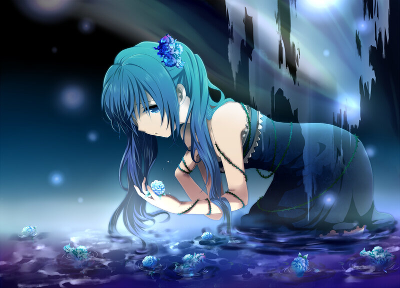 Blue-haired Girl in Water — Blue, Dramatic, Night