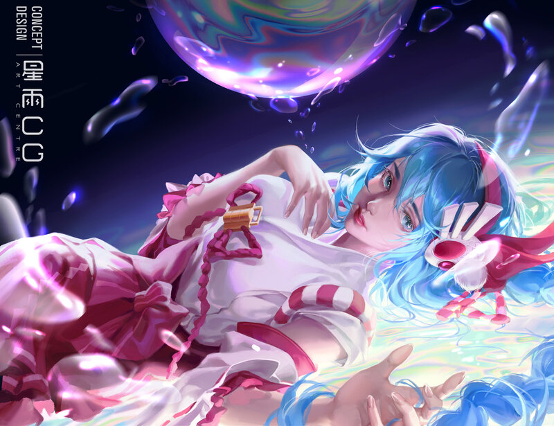 Blue-haired Girl in Water — Blue, Dreamy, Night, Digital Art, Bubbles
