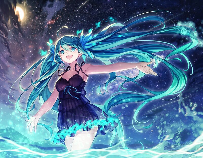 Blue-haired Girl in Water — Blue, Dreamy, Night, Digital Art