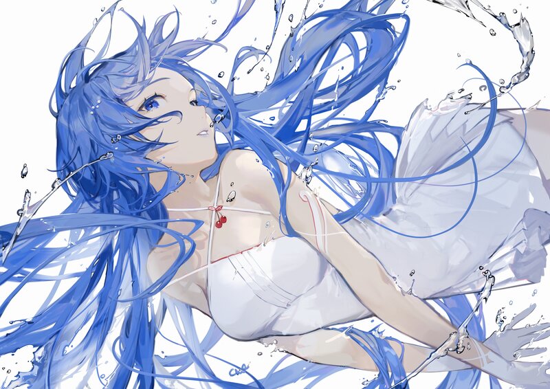 Blue-haired Girl in Water — Blue, Dynamic, Digital Art, Swimming Suit