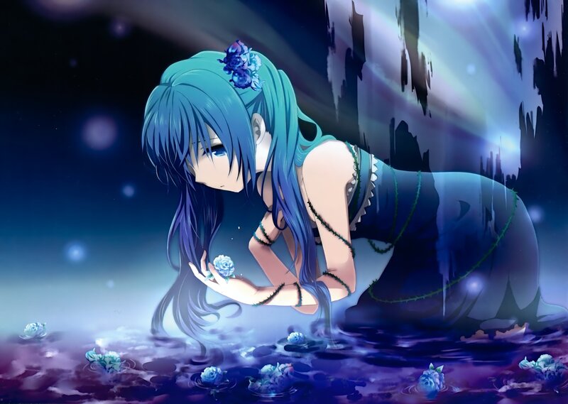 Blue-haired Girl in Water — Blue, Melancholic, Night, Anime