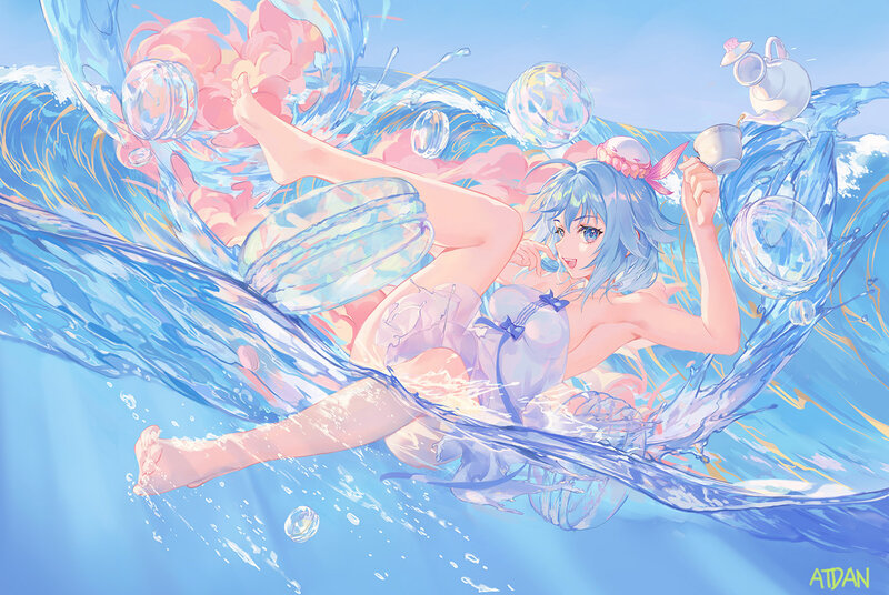 Blue-haired Girl in Water — Blue, Playful, Afternoon, Digital Art