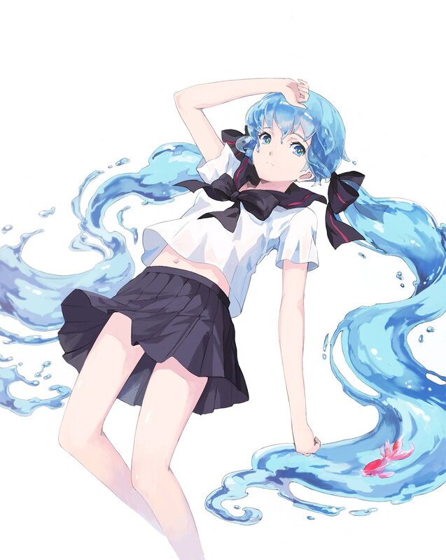 Blue-haired Girl in Water — Blue, Playful, Anime, School Uniform
