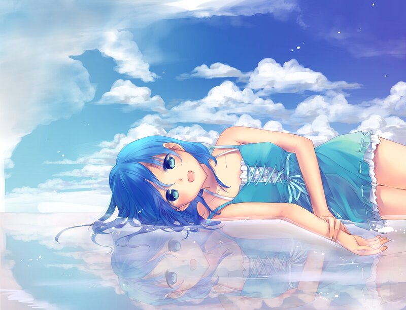 Blue-haired Girl in Water — Blue, Serene, Afternoon, Anime, Dress
