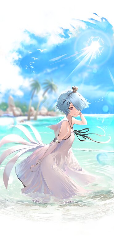 Blue-haired Girl in Water — Blue, Serene, Afternoon, Anime, Ocean